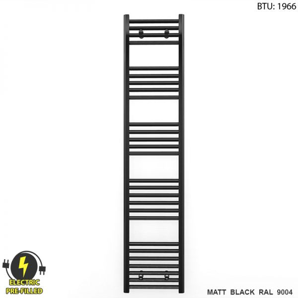 300mm x 1600mm Straight Matt Black Electric Pre-Filled Heated Towel Rail Radiator