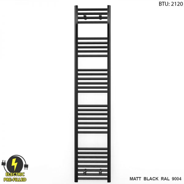 300mm x 1700mm Straight Matt Black Electric Pre-Filled Heated Towel Rail Radiator