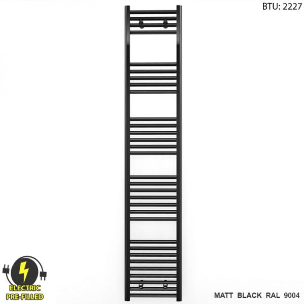 300mm x 1800mm Straight Matt Black Electric Pre-Filled Heated Towel Rail Radiator