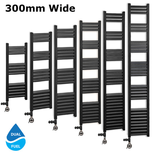 Dual Fuel 300mm Wide Accuro Korle Matt Black Heated Towel Rail Radiator