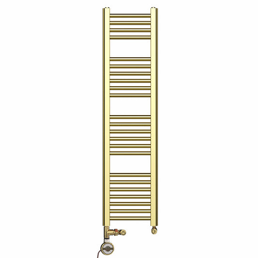 Dual Fuel 300mm x 1200mm Shiny Gold Heated Towel Rail Radiator- (incl. Valves + Electric Heating Kit)