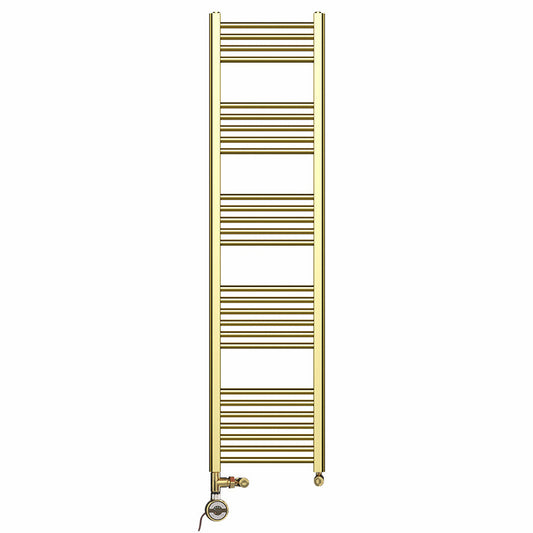 Dual Fuel 300mm x 1600mm Shiny Gold Heated Towel Rail Radiator- (incl. Valves + Electric Heating Kit)