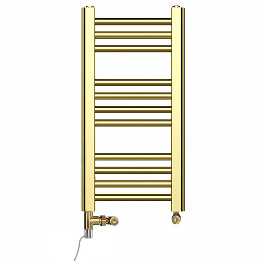 Small Dual Fuel 300mm x 600mm Shiny Gold Heated Towel Rail Radiator- (incl. Valves + Electric Heating Kit)