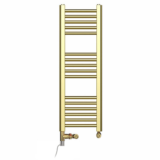 Small Dual Fuel 300mm x 900mm Shiny Gold Heated Towel Rail Radiator- (incl. Valves + Electric Heating Kit)