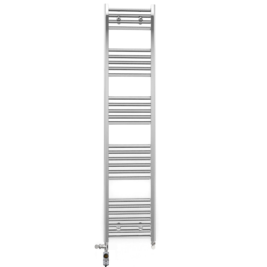 Dual Fuel 300mm x 1600mm Straight Chrome  Heated Towel Rail Radiator- (incl. Valves + Electric Heating Kit)