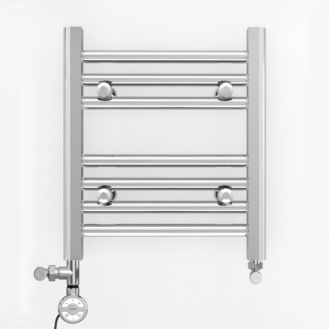 Small Dual Fuel 350mm x 400mm Straight Chrome  Heated Towel Rail Radiator- (incl. Valves + Electric Heating Kit)