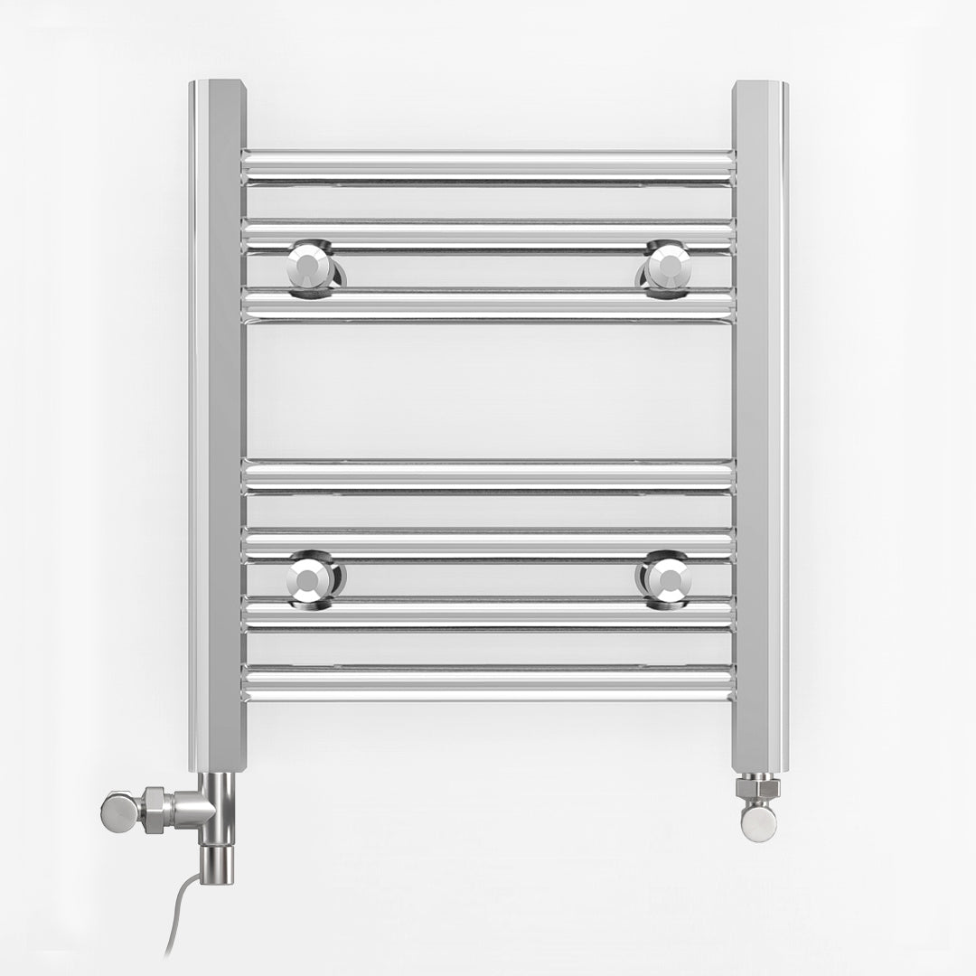 Small Dual Fuel 400mm x 400mm Straight Chrome  Heated Towel Rail Radiator- (incl. Valves + Electric Heating Kit)