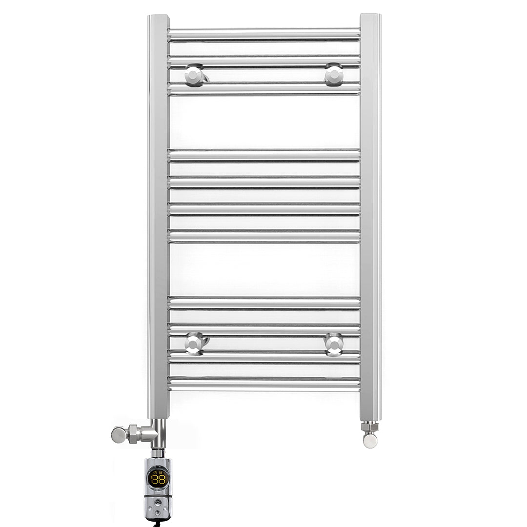 Small Dual Fuel 350mm x 600mm Straight Chrome  Heated Towel Rail Radiator- (incl. Valves + Electric Heating Kit)