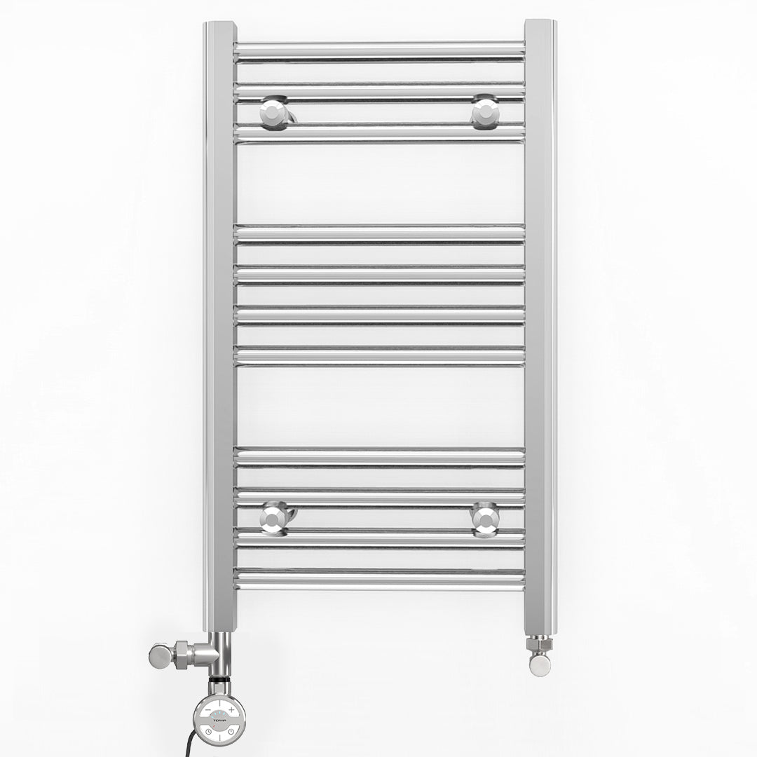 Small Dual Fuel 350mm x 600mm Straight Chrome  Heated Towel Rail Radiator- (incl. Valves + Electric Heating Kit)