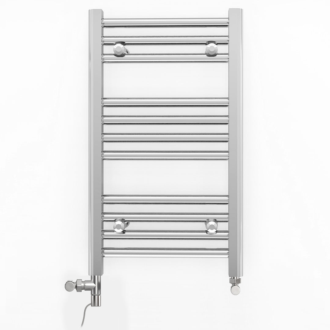 Small Dual Fuel 400mm x 600mm Straight Chrome  Heated Towel Rail Radiator- (incl. Valves + Electric Heating Kit)