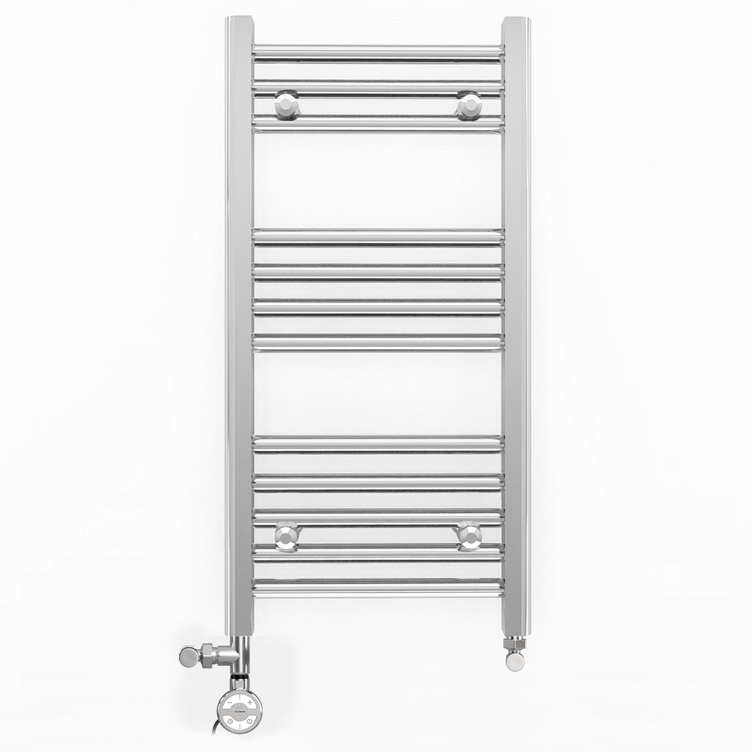 Small Dual Fuel 300mm x 700mm Straight Chrome  Heated Towel Rail Radiator- (incl. Valves + Electric Heating Kit)