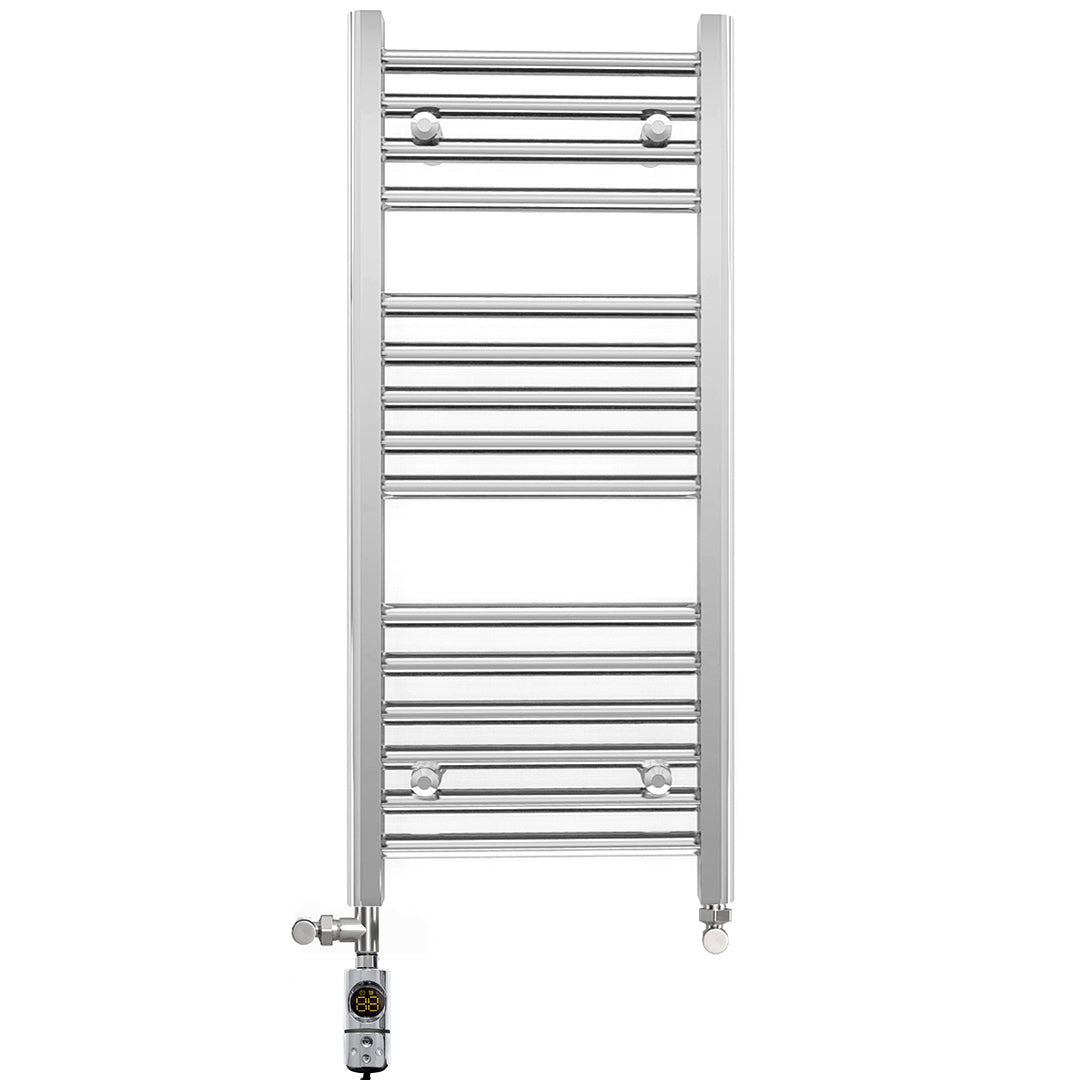 Small Dual Fuel 350mm x 800mm Straight Chrome  Heated Towel Rail Radiator- (incl. Valves + Electric Heating Kit)