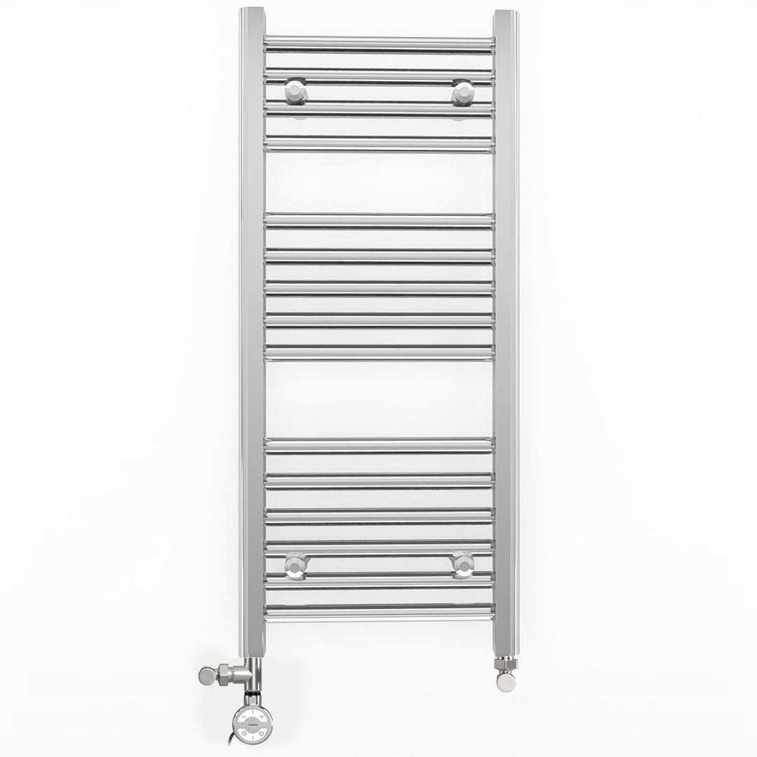 Small Dual Fuel 300mm x 800mm Straight Chrome  Heated Towel Rail Radiator- (incl. Valves + Electric Heating Kit)