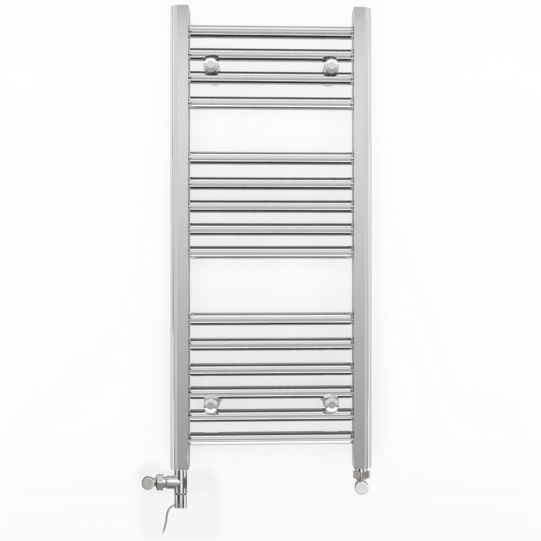 Small Dual Fuel 300mm x 800mm Straight Chrome  Heated Towel Rail Radiator- (incl. Valves + Electric Heating Kit)