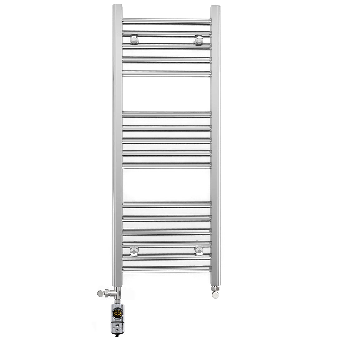 Small Dual Fuel 300mm x 900mm Straight Chrome  Heated Towel Rail Radiator- (incl. Valves + Electric Heating Kit)