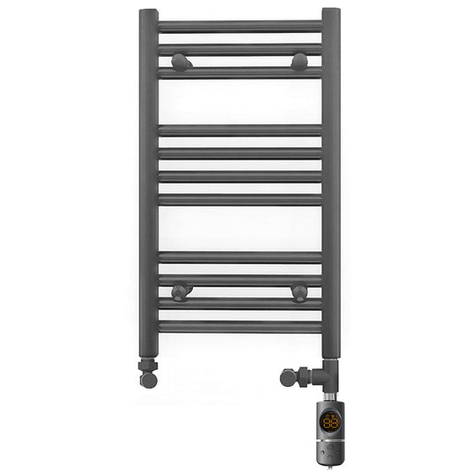 Small Dual Fuel 300mm x 600mm Straight Anthracite Grey Heated Towel Rail - (incl. Valves + Electric Heating Kit)