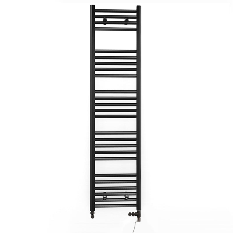 Dual Fuel 450mm x 1400mm Straight Matt Matt Black Heated Towel Rail - (incl. Valves + Electric Heating Kit)