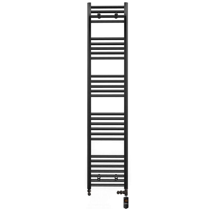 Dual Fuel 450mm x 1600mm Straight Matt Matt Black Heated Towel Rail - (incl. Valves + Electric Heating Kit)