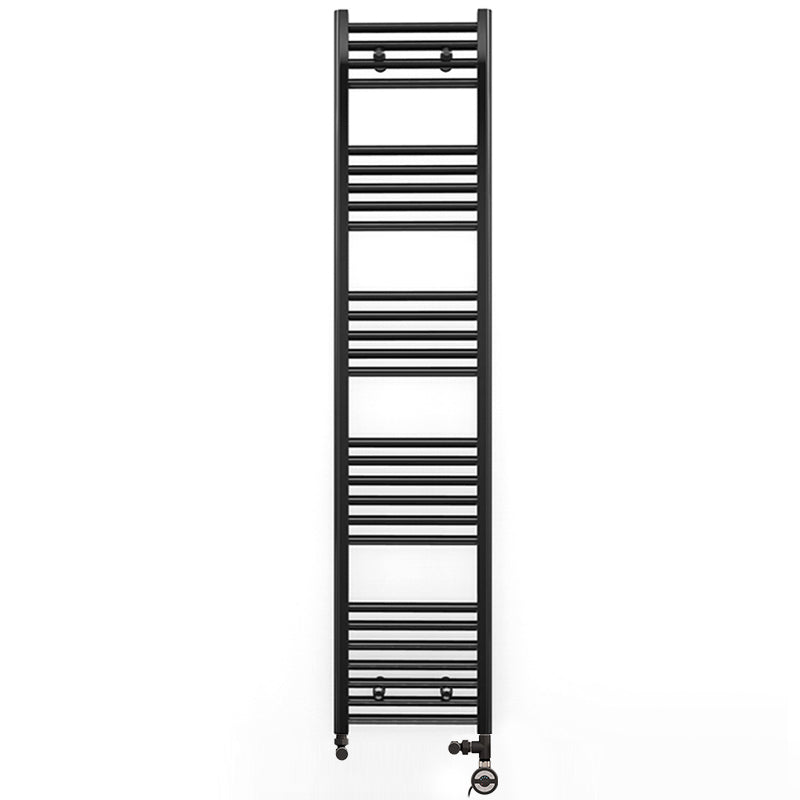 Dual Fuel 450mm x 1600mm Straight Matt Matt Black Heated Towel Rail - (incl. Valves + Electric Heating Kit)