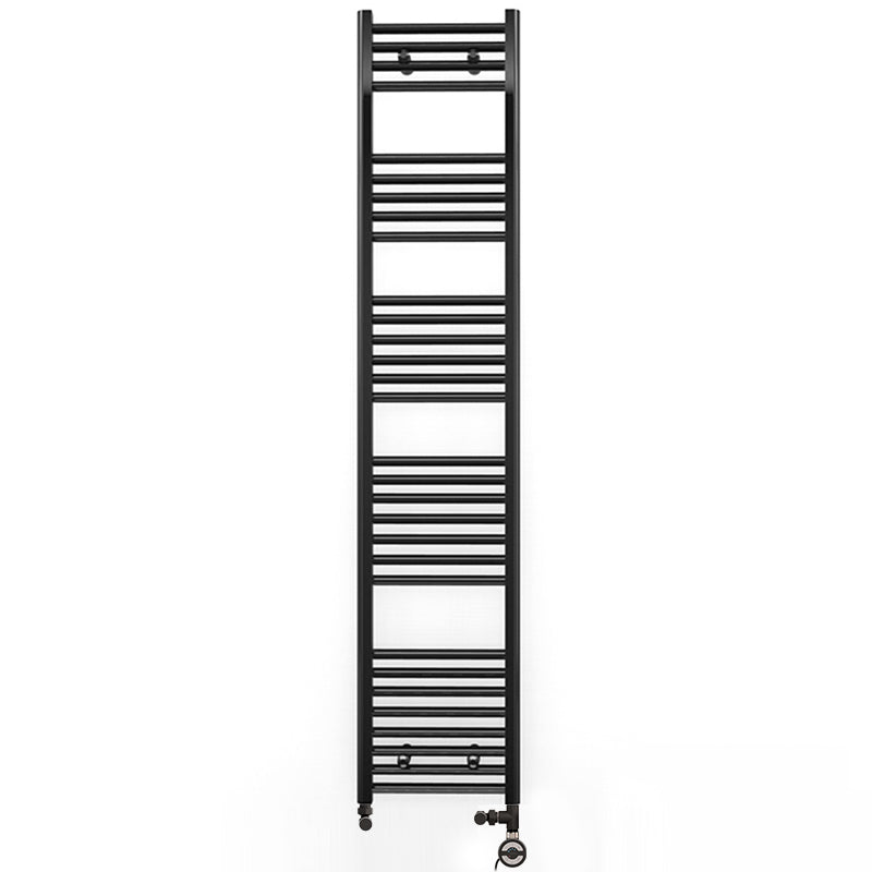 Dual Fuel 350mm x 1700mm Straight Matt Matt Black Heated Towel Rail - (incl. Valves + Electric Heating Kit)