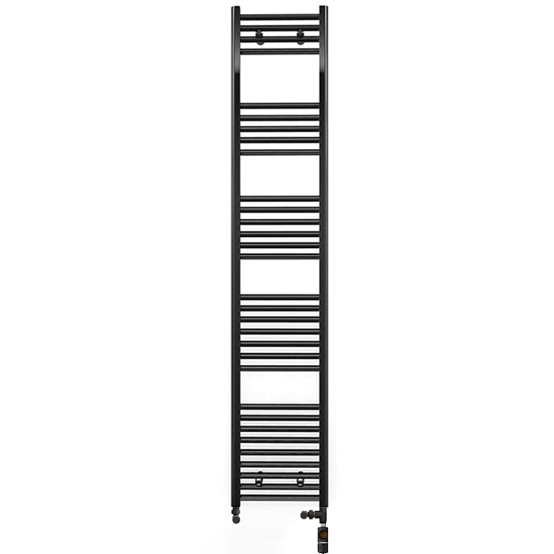 Dual Fuel 350mm x 1800mm Straight Matt Matt Black Heated Towel Rail - (incl. Valves + Electric Heating Kit)