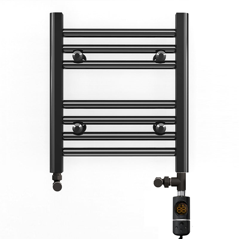 Small Dual Fuel 350mm x 400mm Straight Matt Matt Black Heated Towel Rail - (incl. Valves + Electric Heating Kit)