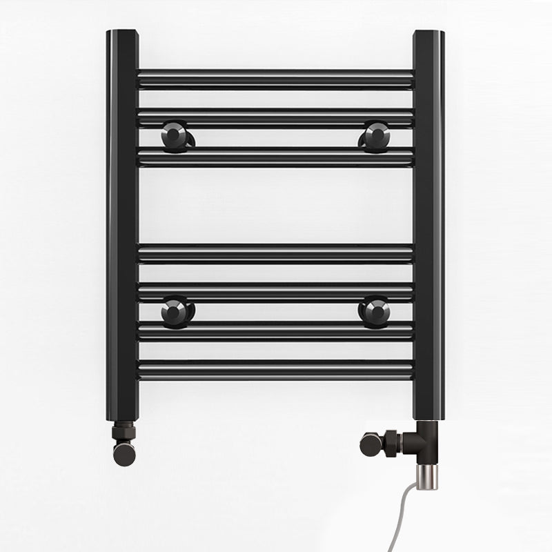 Small Dual Fuel 350mm x 400mm Straight Matt Matt Black Heated Towel Rail - (incl. Valves + Electric Heating Kit)