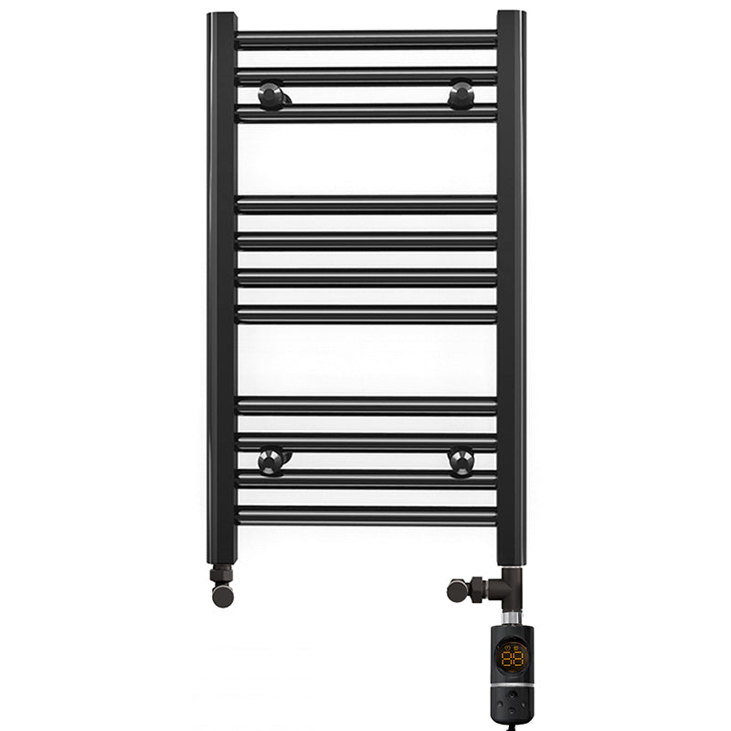 Small Dual Fuel 350mm x 600mm Straight Matt Matt Black Heated Towel Rail - (incl. Valves + Electric Heating Kit)