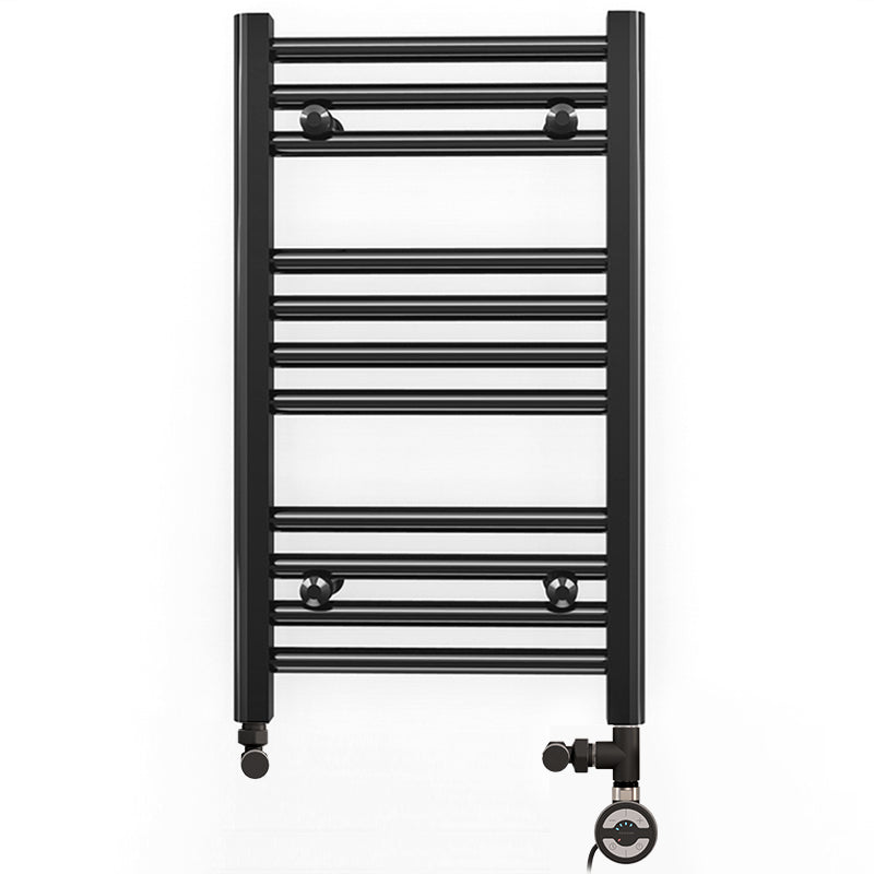Small Dual Fuel 350mm x 600mm Straight Matt Matt Black Heated Towel Rail - (incl. Valves + Electric Heating Kit)