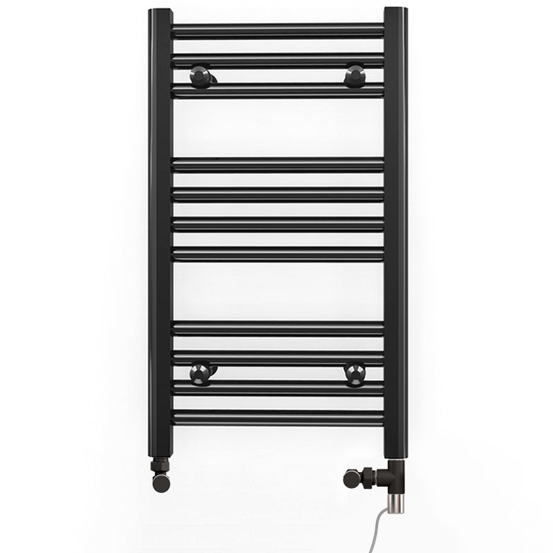 Small Dual Fuel 350mm x 600mm Straight Matt Matt Black Heated Towel Rail - (incl. Valves + Electric Heating Kit)