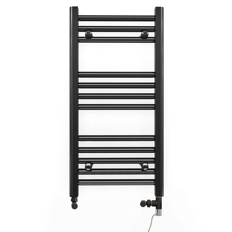Small Dual Fuel 350mm x 700mm Straight Matt Matt Black Heated Towel Rail - (incl. Valves + Electric Heating Kit)