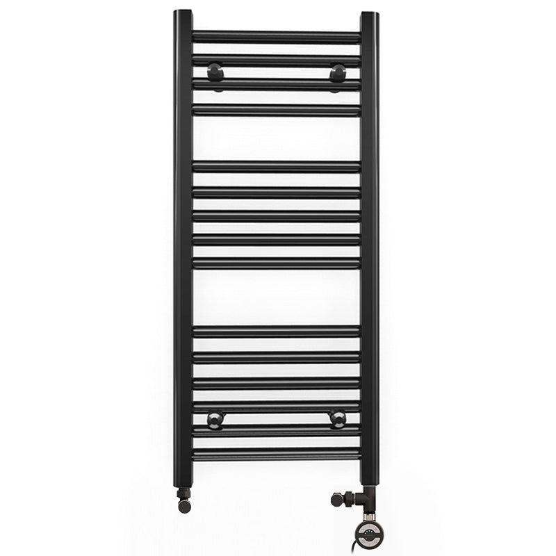 Small Dual Fuel 350mm x 800mm Straight Matt Matt Black Heated Towel Rail - (incl. Valves + Electric Heating Kit)