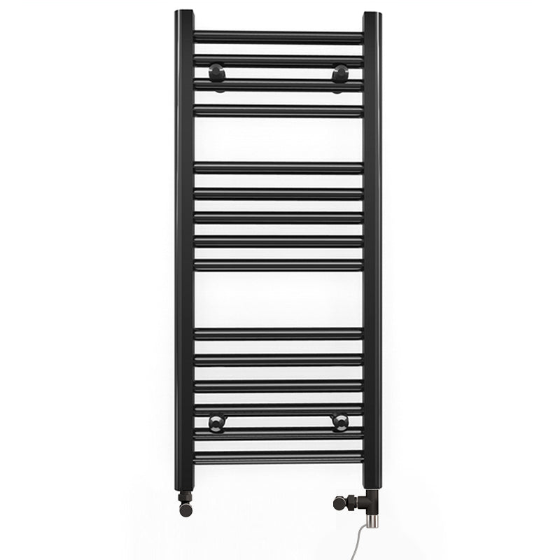 Small Dual Fuel 450mm x 800mm Straight Matt Matt Black Heated Towel Rail - (incl. Valves + Electric Heating Kit)