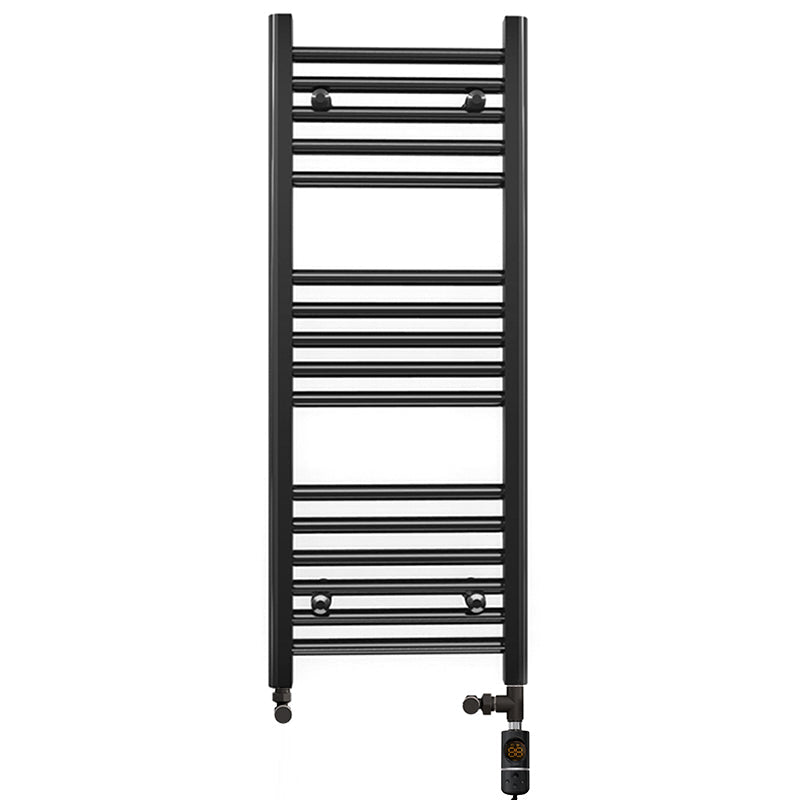 Small Dual Fuel 350mm x 900mm Straight Matt Matt Black Heated Towel Rail - (incl. Valves + Electric Heating Kit)