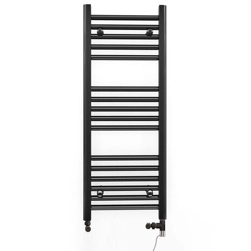 Small Dual Fuel 350mm x 900mm Straight Matt Matt Black Heated Towel Rail - (incl. Valves + Electric Heating Kit)