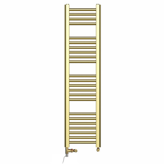 Dual Fuel 400mm x 1200mm Shiny Gold Heated Towel Rail Radiator- (incl. Valves + Electric Heating Kit)