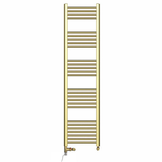 Dual Fuel 400mm x 1600mm Shiny Gold Heated Towel Rail Radiator- (incl. Valves + Electric Heating Kit)