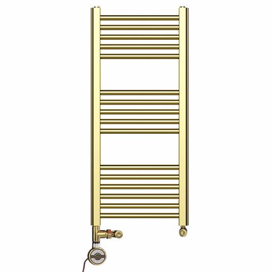Small Dual Fuel 400mm x 900mm Shiny Gold Heated Towel Rail Radiator- (incl. Valves + Electric Heating Kit)
