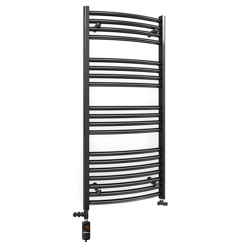 Dual Fuel 400mm x 1000mm Matt Matt Black Curved Heated Towel Rail - (incl. Valves + Electric Heating Kit)