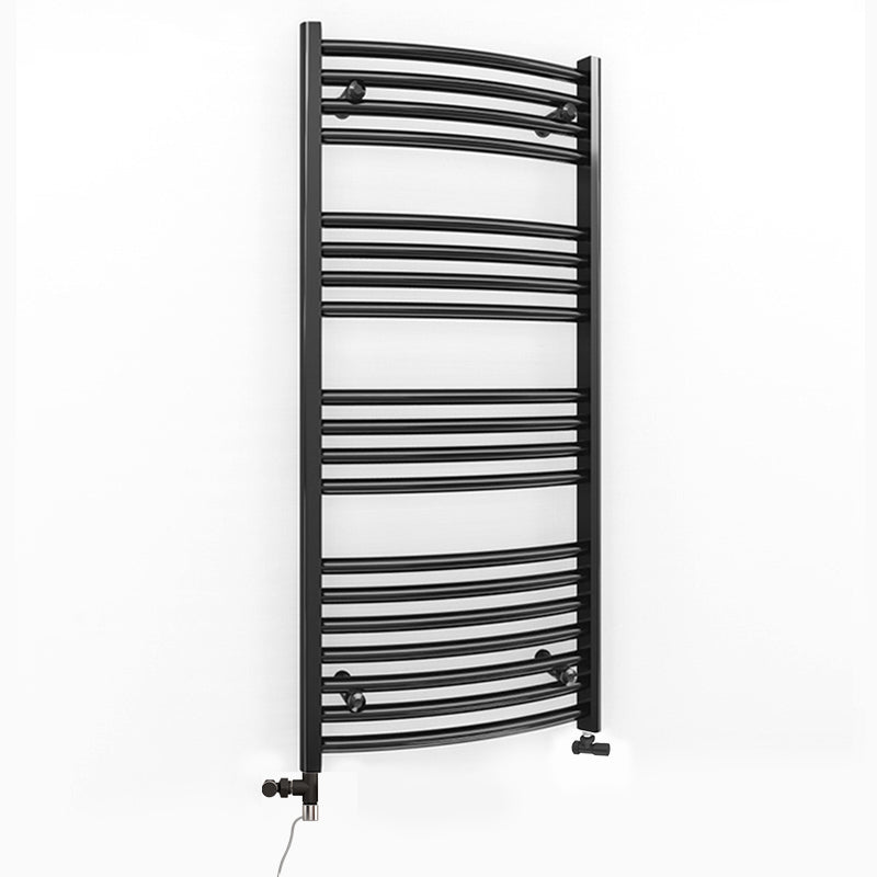 Dual Fuel 400mm x 1000mm Matt Matt Black Curved Heated Towel Rail - (incl. Valves + Electric Heating Kit)