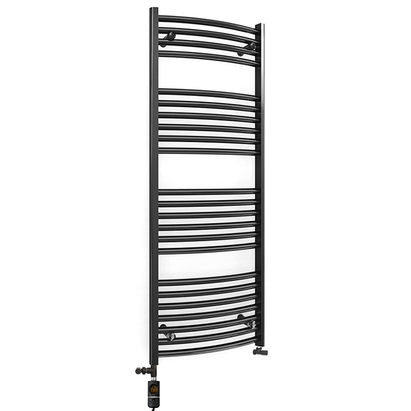 Dual Fuel 400mm x 1200mm Matt Matt Black Curved Heated Towel Rail - (incl. Valves + Electric Heating Kit)