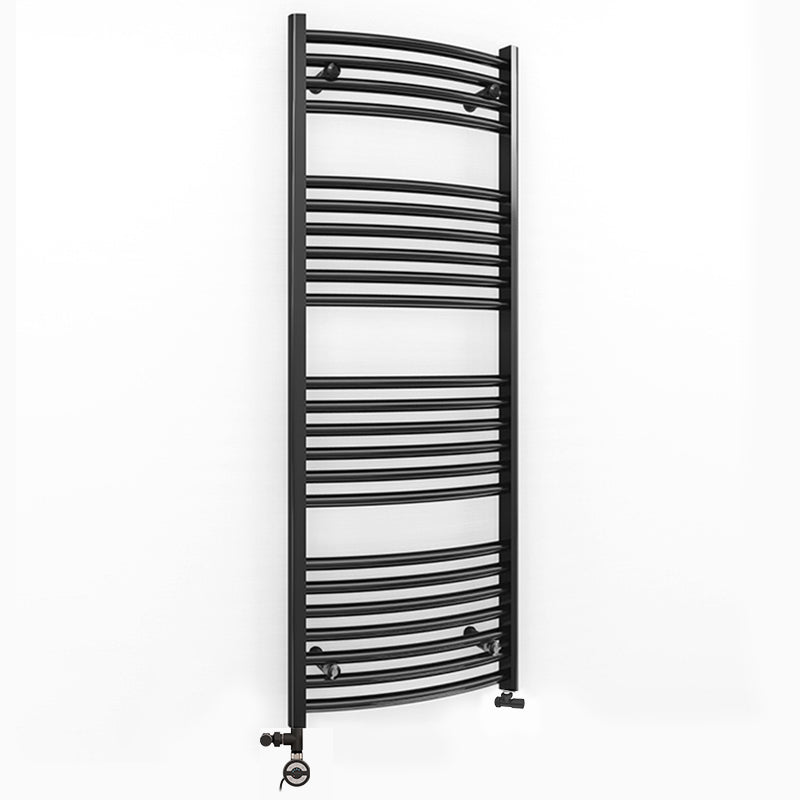 Dual Fuel 400mm x 1200mm Matt Matt Black Curved Heated Towel Rail - (incl. Valves + Electric Heating Kit)