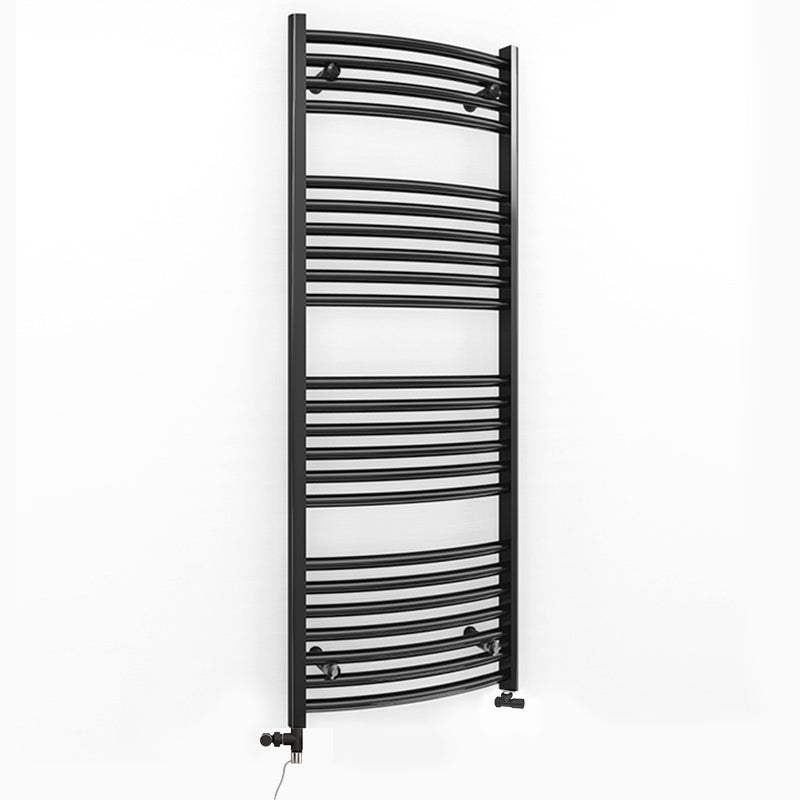 Dual Fuel 400mm x 1200mm Matt Matt Black Curved Heated Towel Rail - (incl. Valves + Electric Heating Kit)
