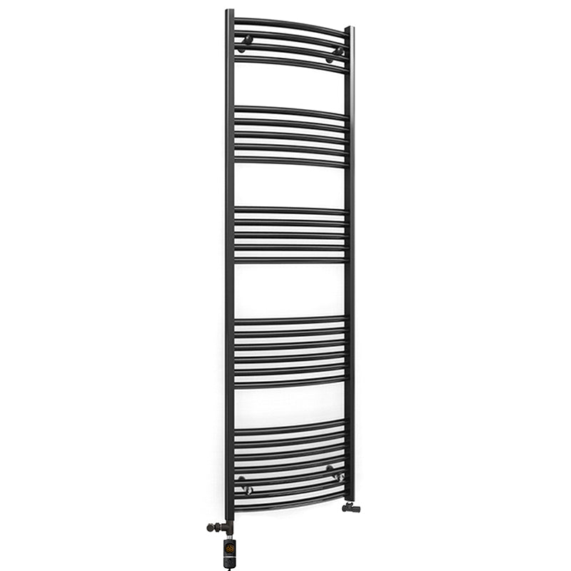 Dual Fuel 450mm x 1600mm Matt Matt Black Curved Heated Towel Rail - (incl. Valves + Electric Heating Kit)
