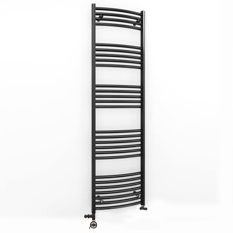 Dual Fuel 450mm x 1600mm Matt Matt Black Curved Heated Towel Rail - (incl. Valves + Electric Heating Kit)