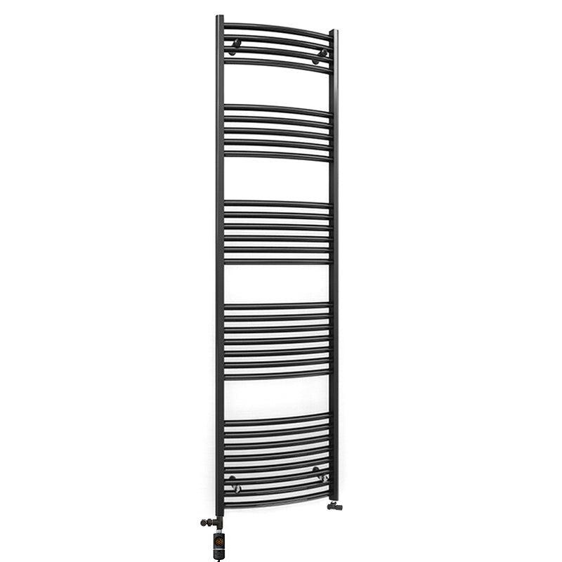 Dual Fuel 450mm x 1700mm Matt Matt Black Curved Heated Towel Rail - (incl. Valves + Electric Heating Kit)
