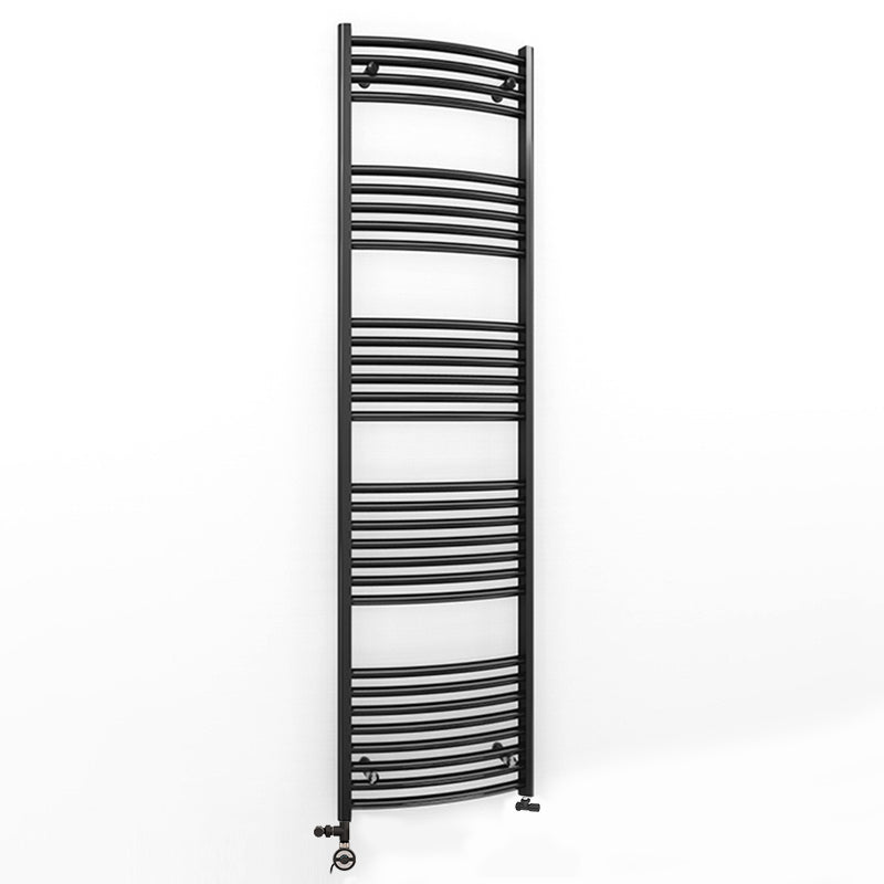 Dual Fuel 450mm x 1700mm Matt Matt Black Curved Heated Towel Rail - (incl. Valves + Electric Heating Kit)