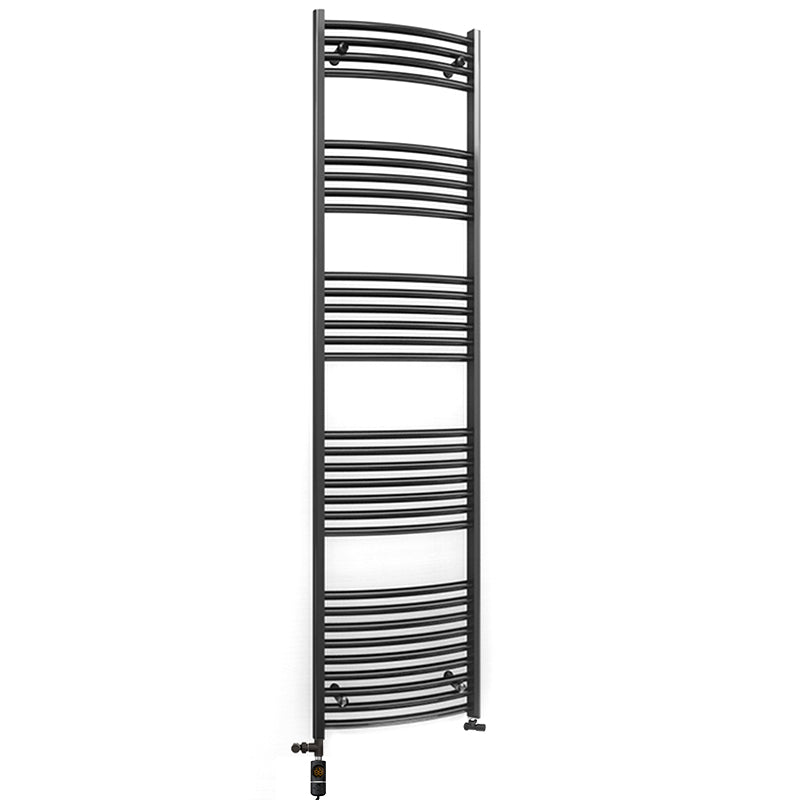 Dual Fuel 400mm x 1800mm Matt Matt Black Curved Heated Towel Rail - (incl. Valves + Electric Heating Kit)
