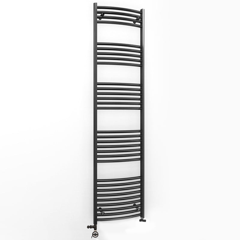 Dual Fuel 400mm x 1800mm Matt Matt Black Curved Heated Towel Rail - (incl. Valves + Electric Heating Kit)