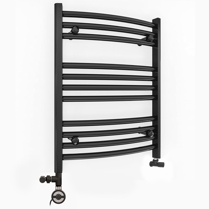 Small Dual Fuel 450mm x 600mm Matt Matt Black Curved Heated Towel Rail - (incl. Valves + Electric Heating Kit)